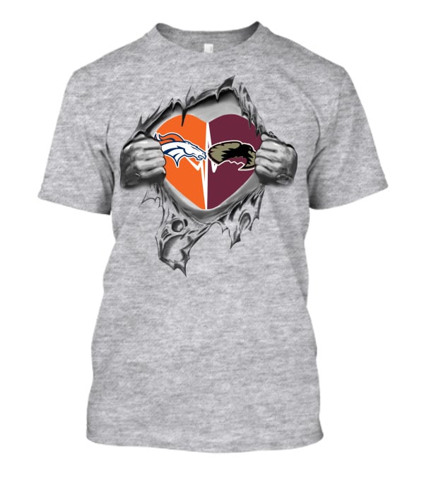 Broncos Denver Pioneers It's In My Heart Bronco And Pioneer Heart Split T-Shirt