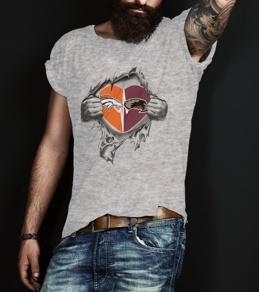 Broncos Denver Pioneers It's In My Heart Bronco And Pioneer Heart Split T-Shirt