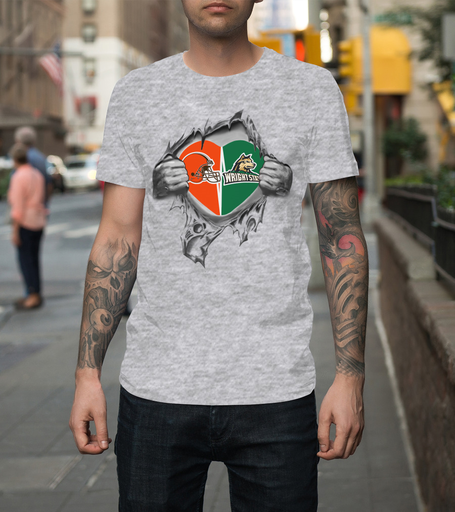 Browns Helmet And Wright State Raiders Heart T-Shirt