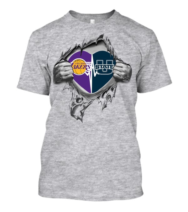 Los Angeles Lakers Utah State Aggies Heart Logo Fusion T-Shirt