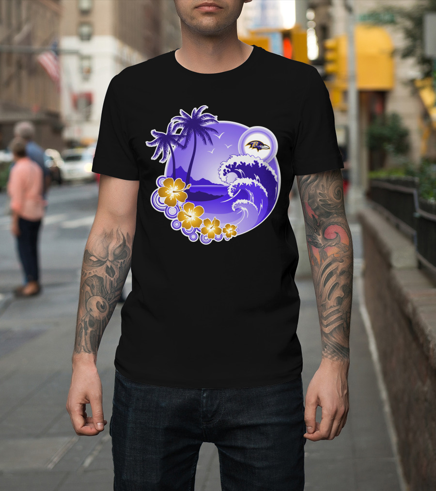 Baltimore Ravens Happy Holidays Tropical Paradise With Wave And Flowers T-Shirt