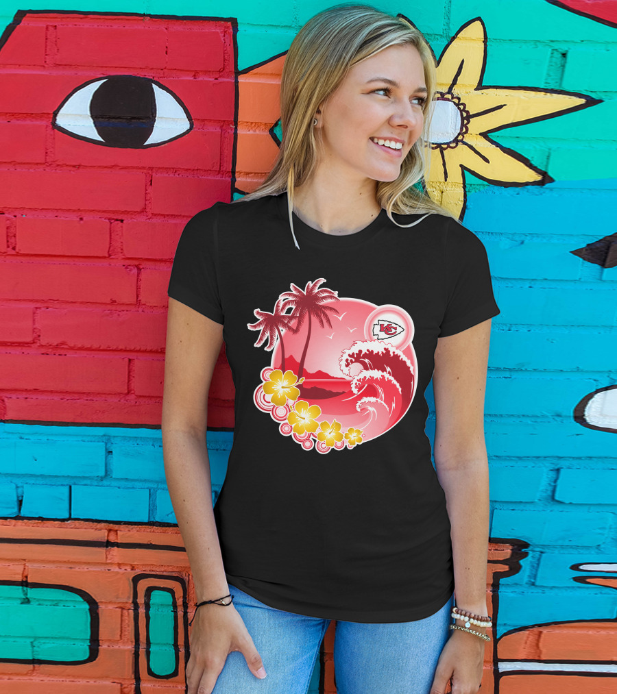 Kansas City Chiefs Happy Holidays Beach Wave Palm Trees Flowers Red T-Shirt