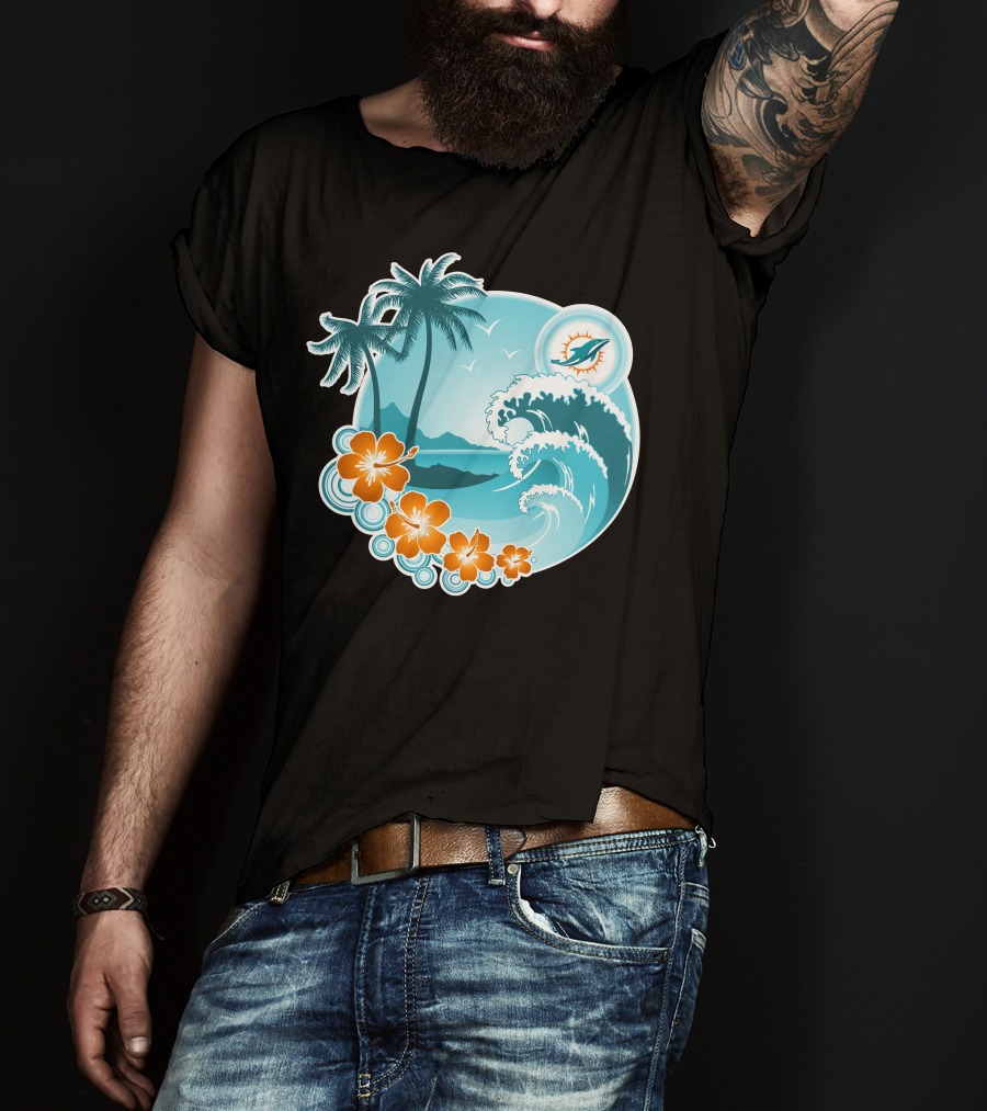 Miami Dolphins Happy Holidays Tropical Wave And Palm Trees Scene T-Shirt