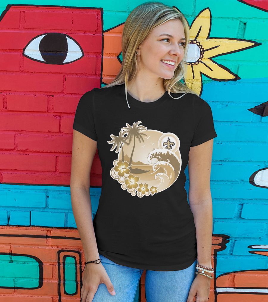 New Orleans Saints Happy Holidays Fleur-De-Lis Tropical Scene T-Shirt