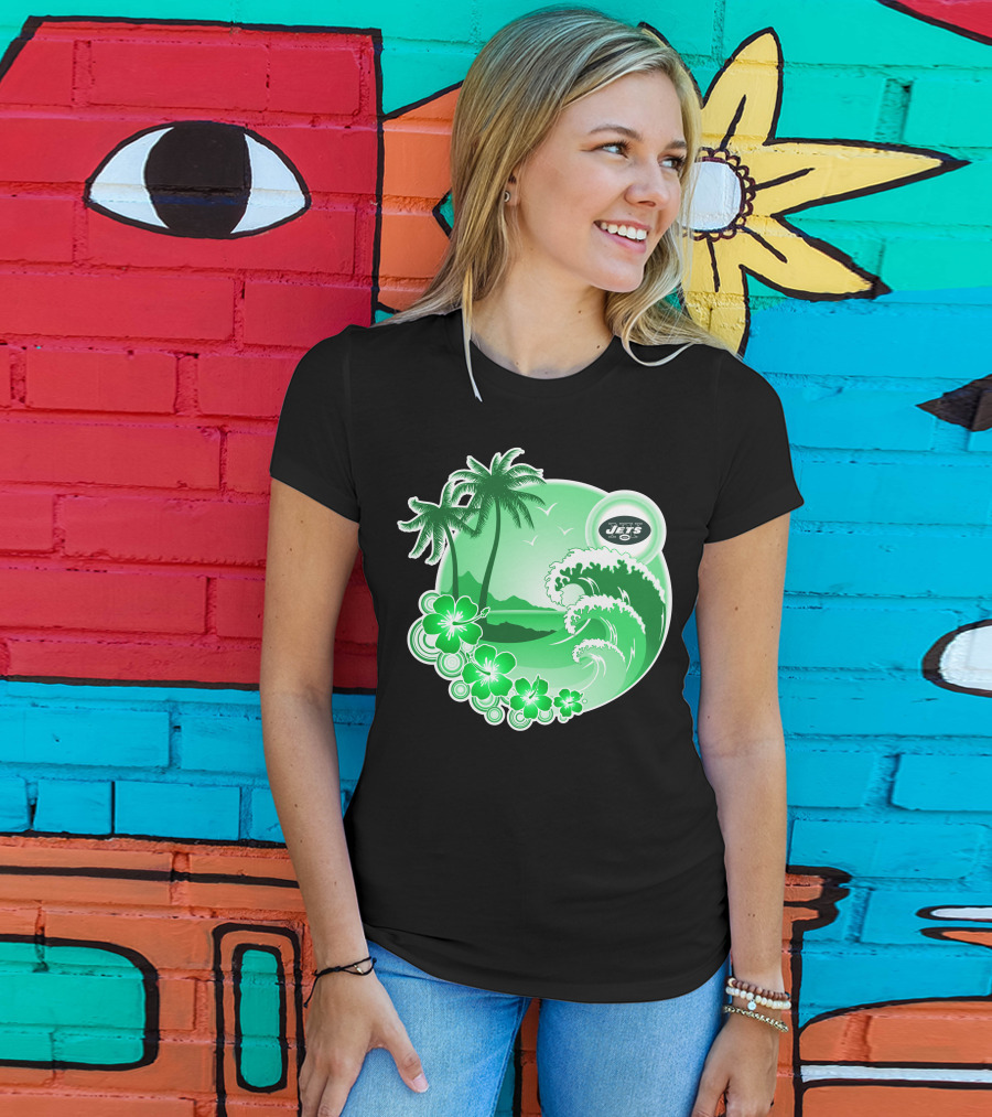 New York Jets Happy Holidays Tropical Waves And Palm Trees T-Shirt