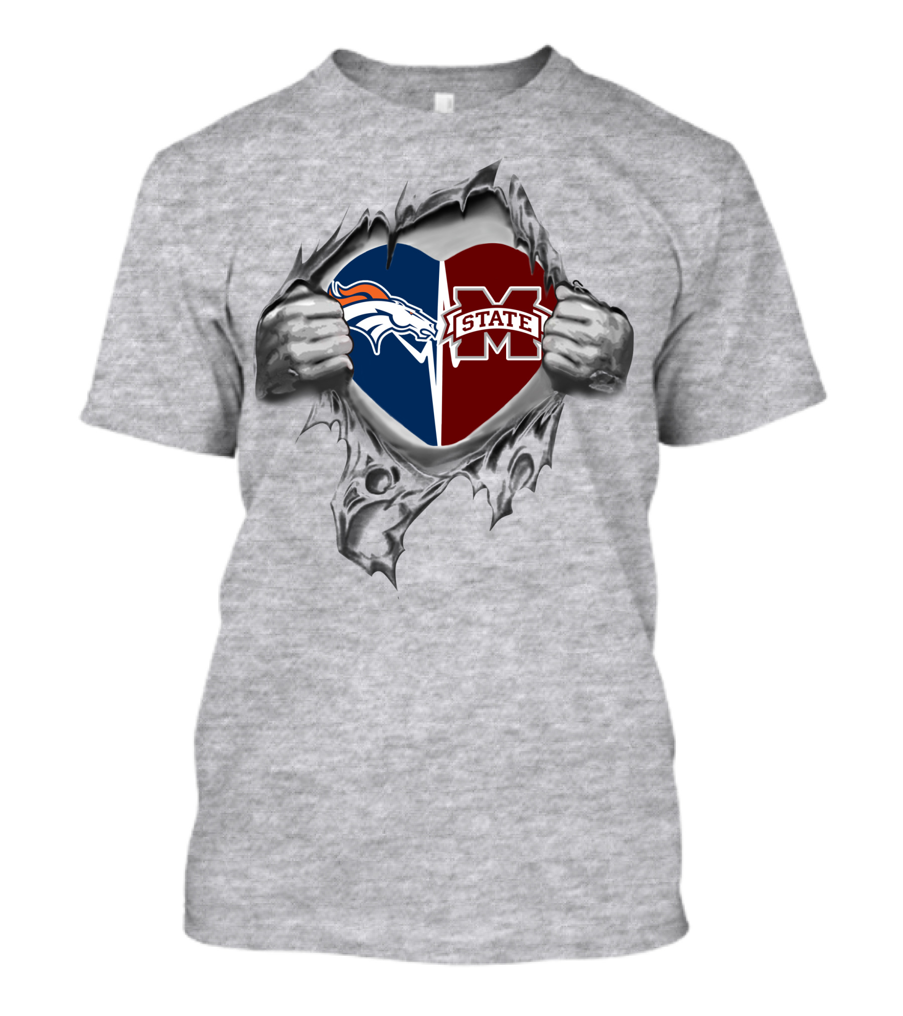 Broncos Mississippi State Bulldogs Heart Design With Team Logos T-Shirt