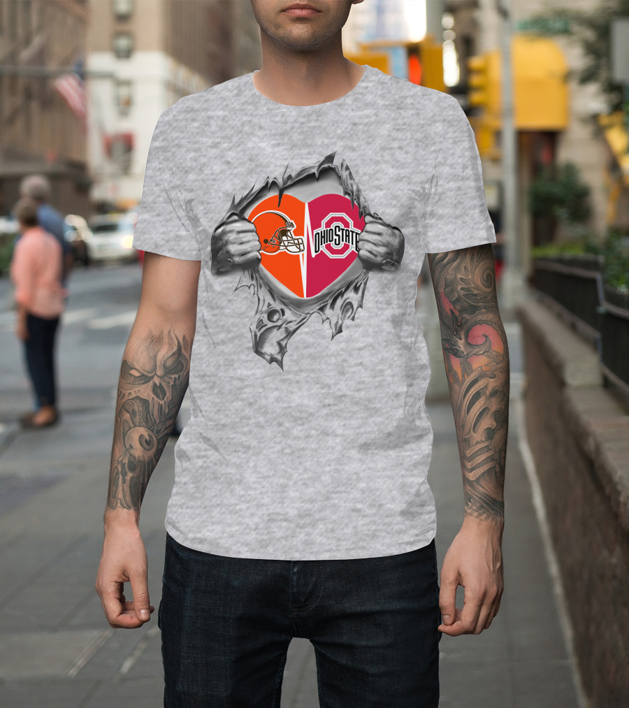 Browns And Ohio State Buckeyes Heart Inside Gray Teared T-Shirt