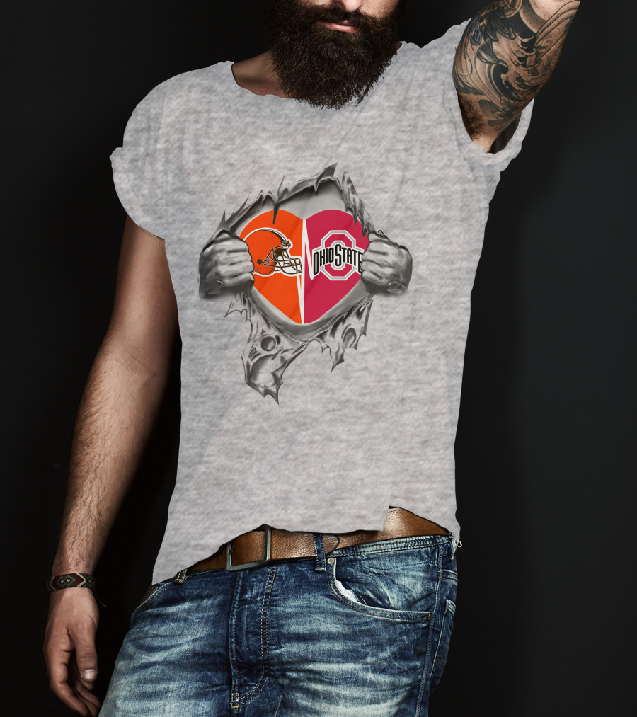 Browns And Ohio State Buckeyes Heart Inside Gray Teared T-Shirt
