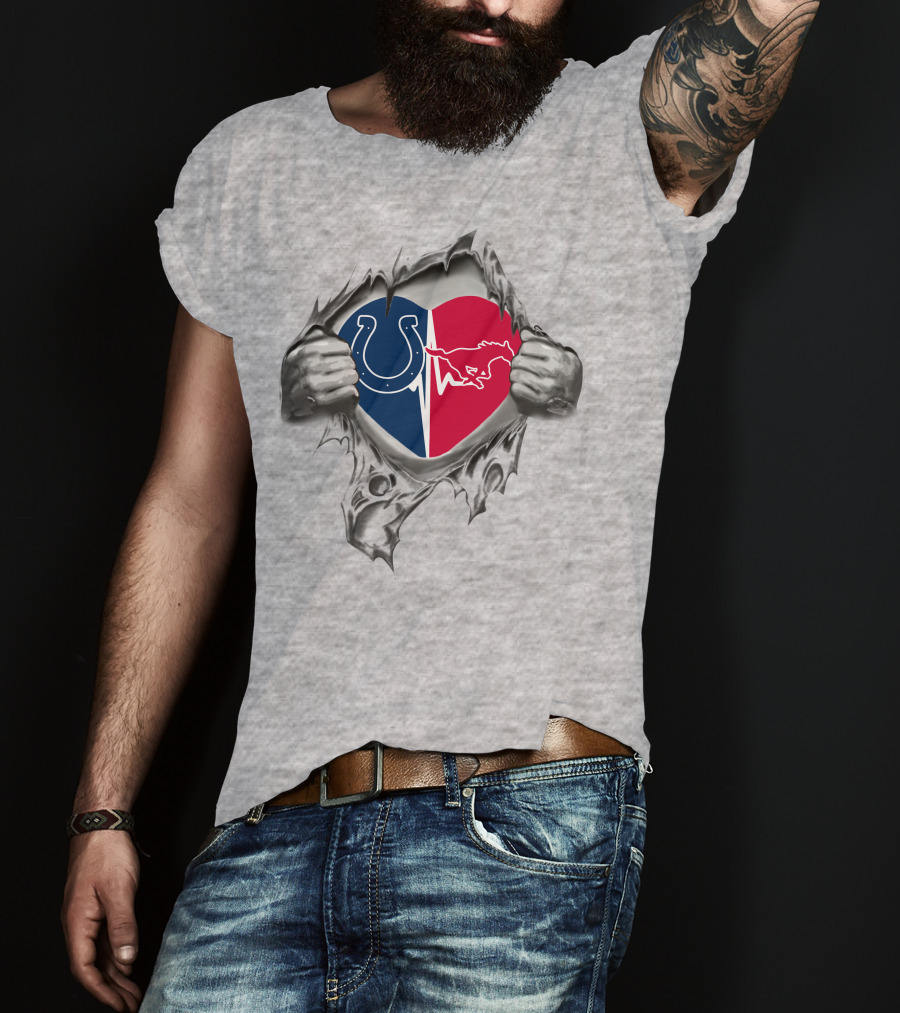 Colts Smu Mustangs Heart Logo Split By Torn Hands T-Shirt