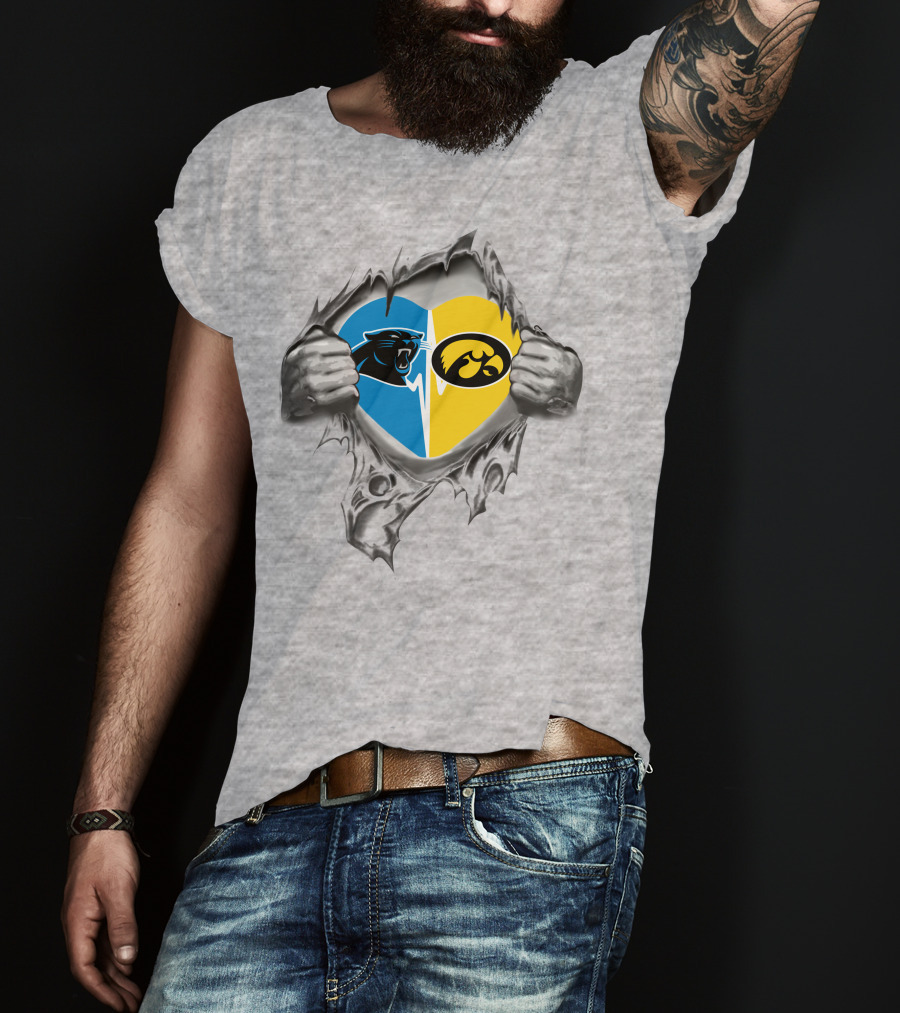 Panthers Iowa Hawkeyes Heart Design Combining Blue And Yellow Team Logos T-Shirt