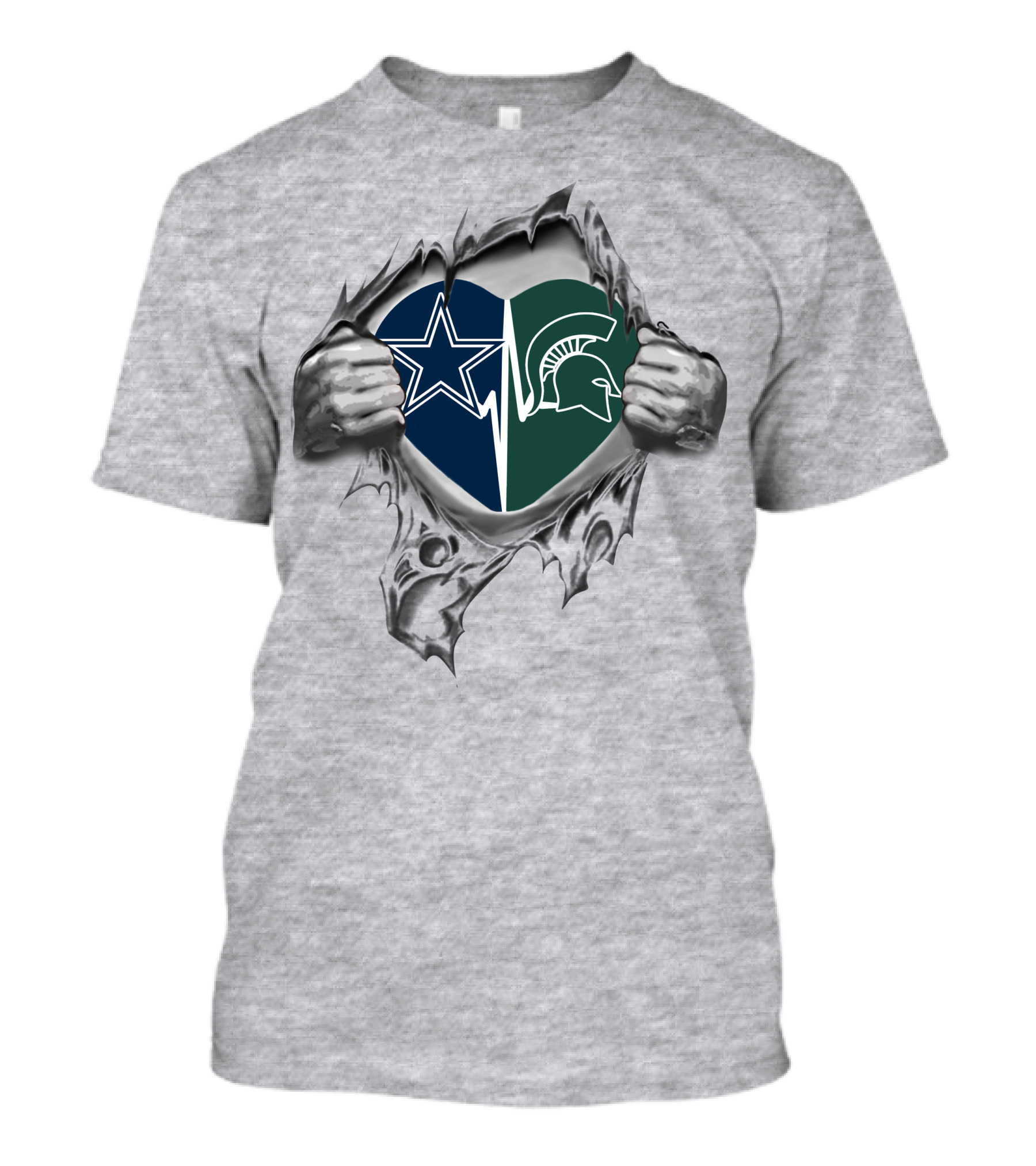 Cowboys Michigan State Spartans Heart Design Inside Ripped Chest T-Shirt