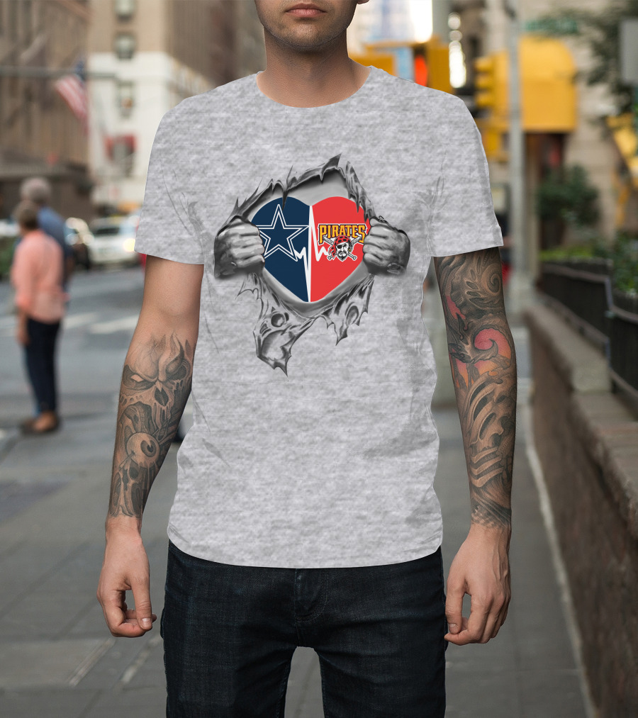 Cowboys Star And Pittsburgh Pirates Skull Heart Ripped Open By Hands T-Shirt