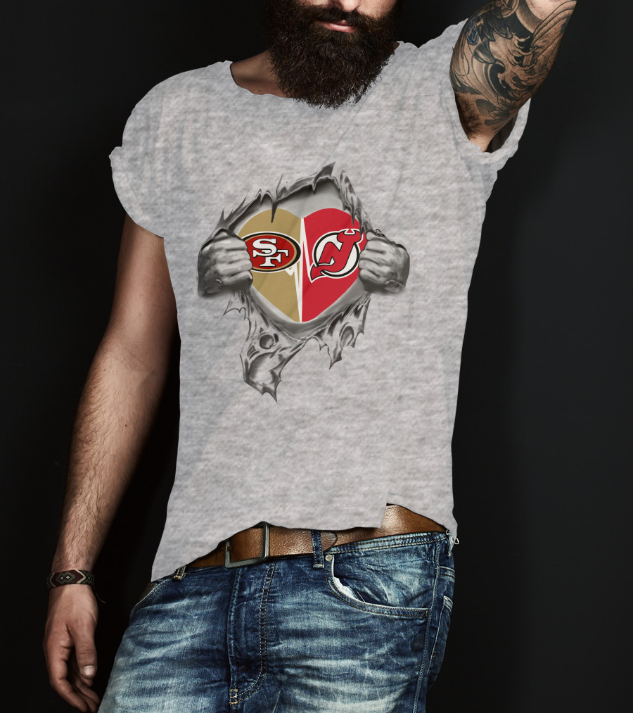 49ers New Jersey Devils Heart Symbol Split By Ripped Metal T-Shirt