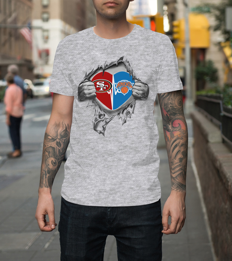 49ers New York Knicks Heart Logos Inside Torn Metal Hands T-Shirt
