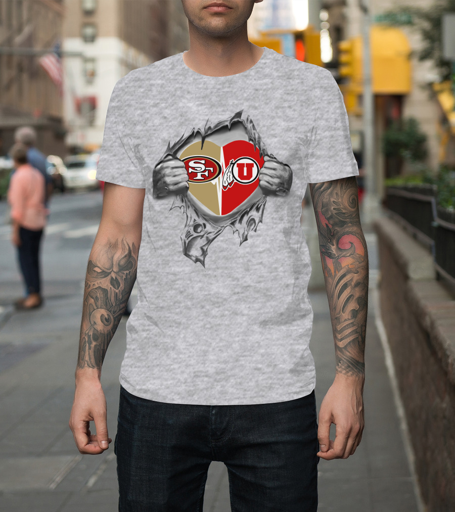 49ers Utah Utes Heart Passion With Logos And Ripping Hands T-Shirt