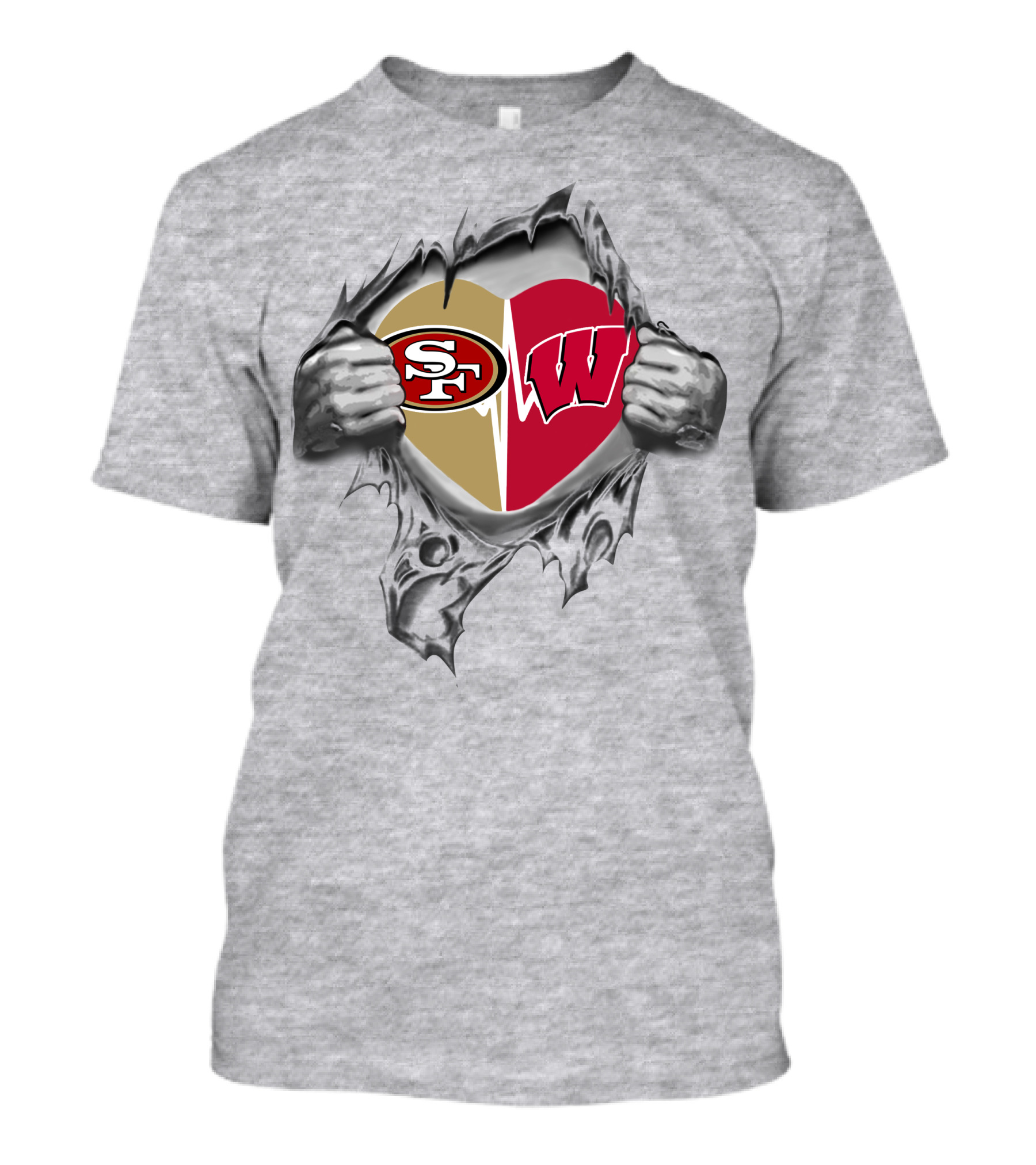 49ers Wisconsin Badgers Heart Logos Tearing Through Art T-Shirt