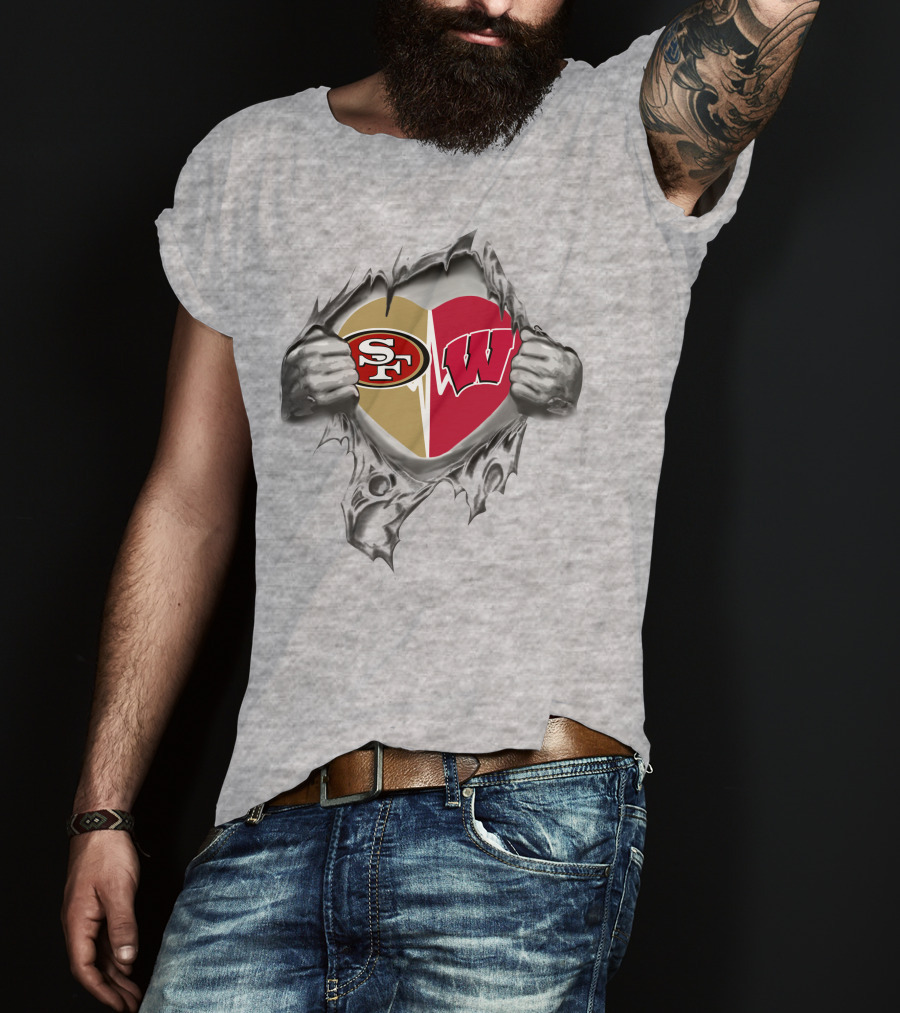 49ers Wisconsin Badgers Heart Logos Tearing Through Art T-Shirt