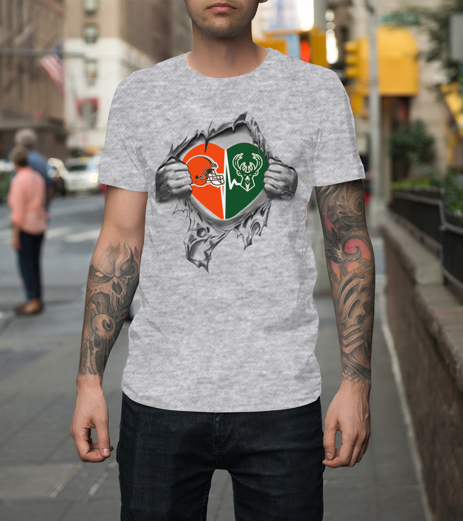 Browns Milwaukee Bucks Heart Logo Split With Torn Edge T-Shirt