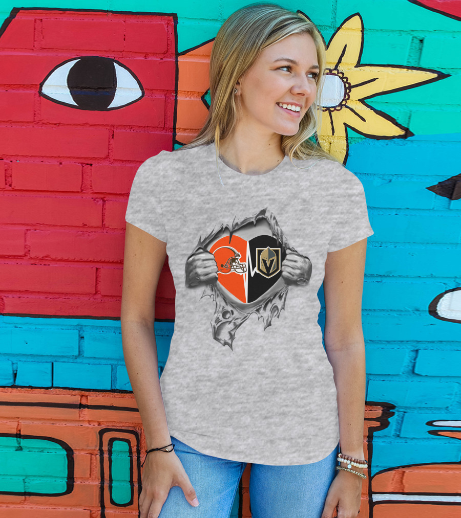 Browns Vegas Golden Knights Heart Logo With Ripped Effect T-Shirt