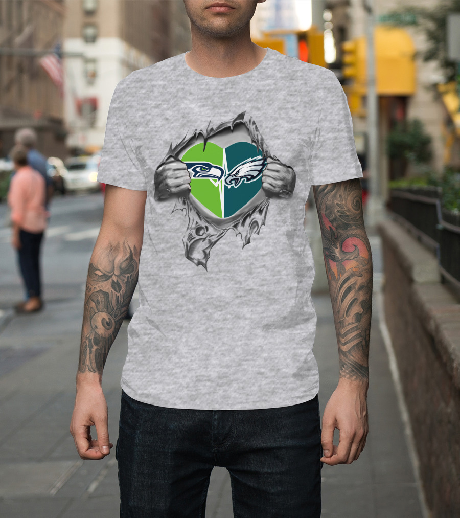 Eagles Seahawks Heart Split Logo Embrace T-Shirt