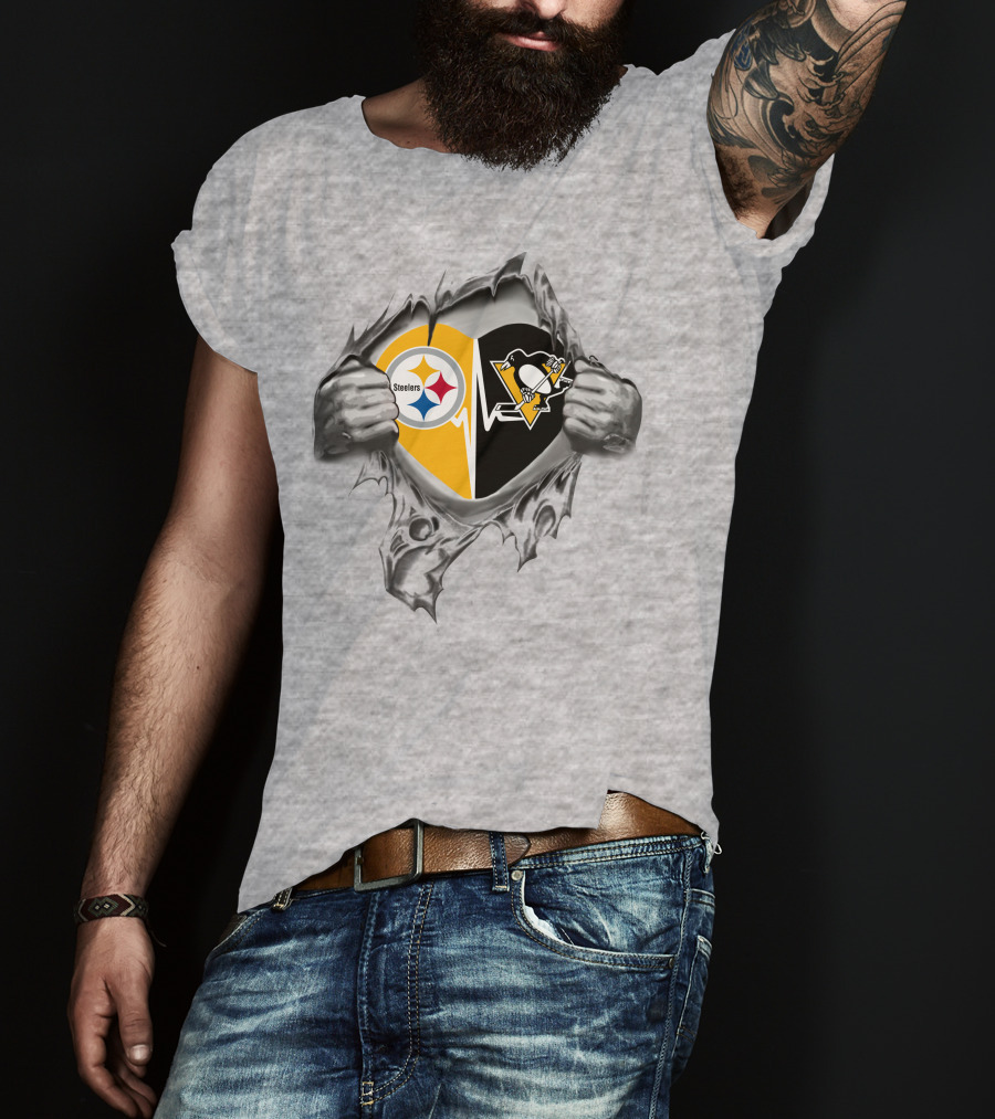 Steelers Penguins Heart With Team Logos And Tearaway Effect T-Shirt