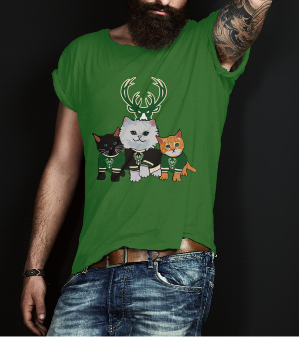 Milwaukee Bucks Cats Trio With Team Logos And Deer Antlers T-Shirt