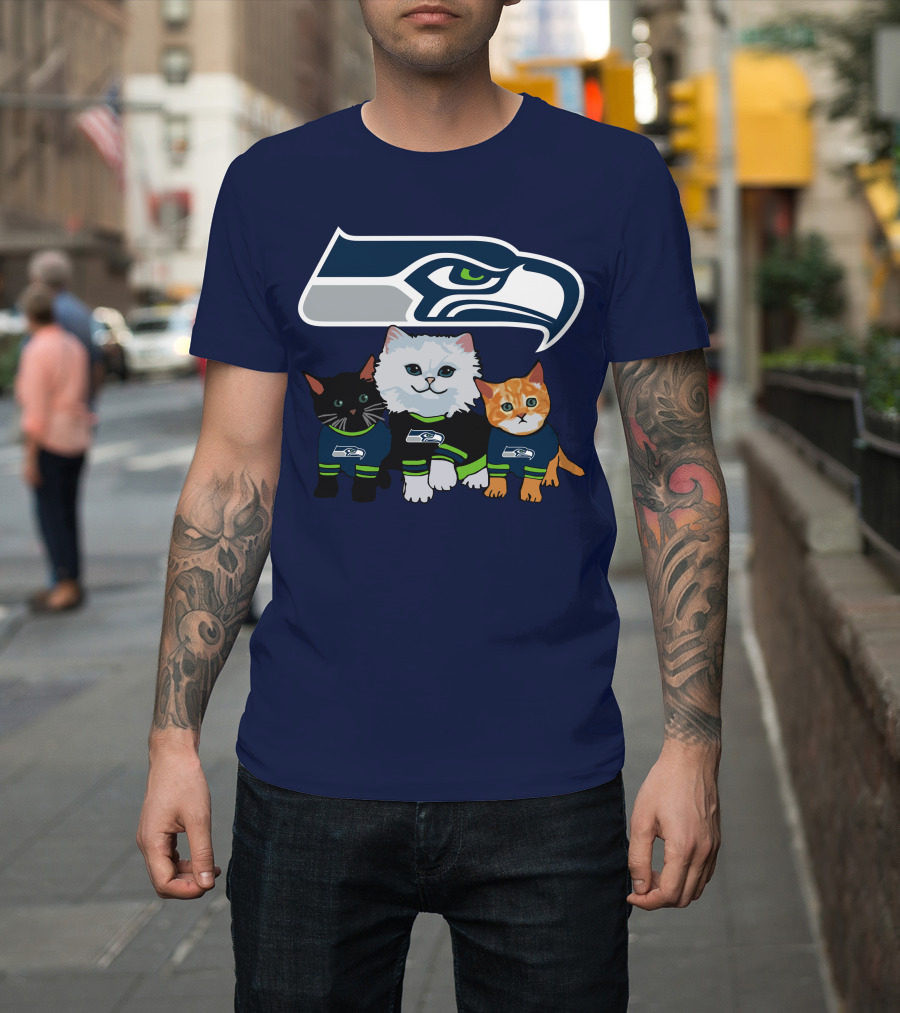 Seattle Seahawks Logo With Cats In Team Jerseys T-Shirt