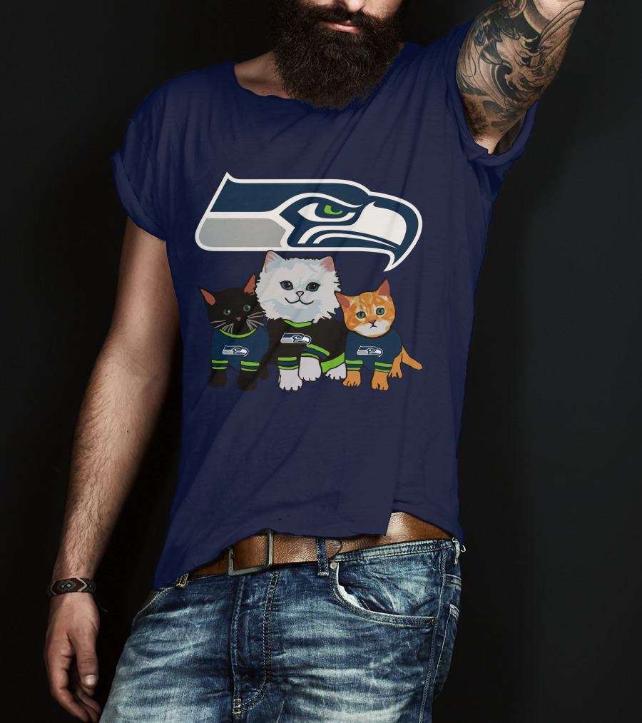 Seattle Seahawks Logo With Cats In Team Jerseys T-Shirt