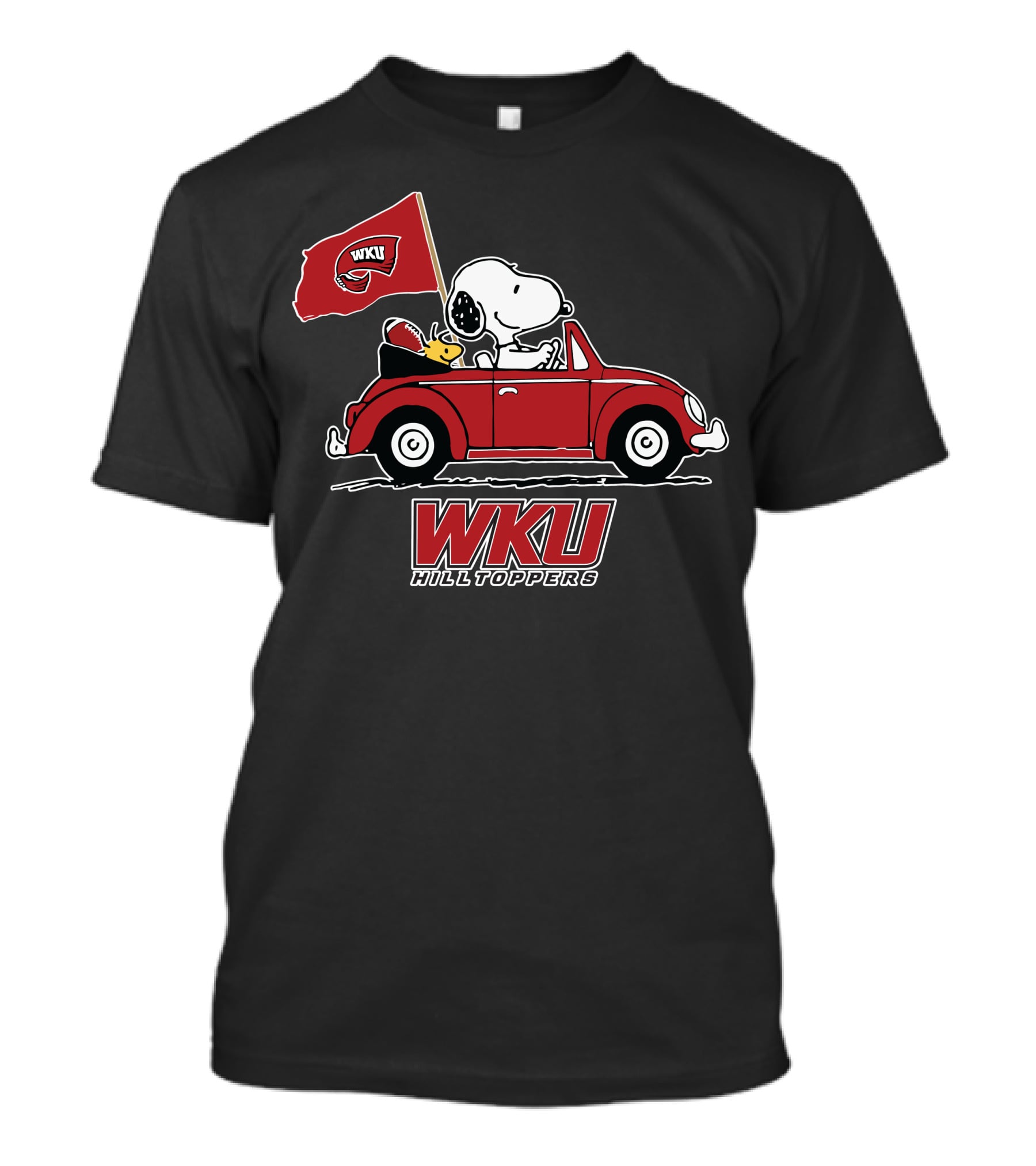 WKU Hilltoppers Snoopy Riding In Red Car With Flag T-Shirt