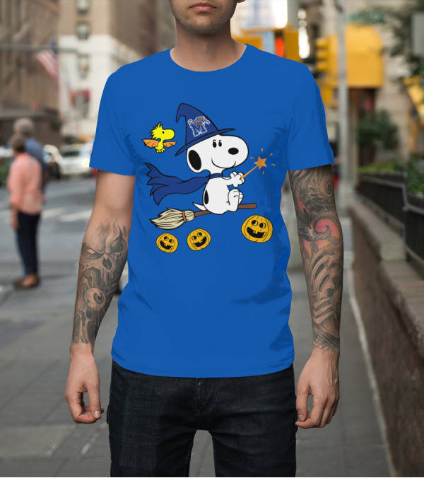 Shirt: Snoopy and Woodstock Flying Witch with Memphis Tigers Hat and Happy Halloween Pumpkins T-Shirt Snoopy and Woodstock Flying Witch with Memphis Tigers Hat and Happy Halloween Pumpkins T-Shirt