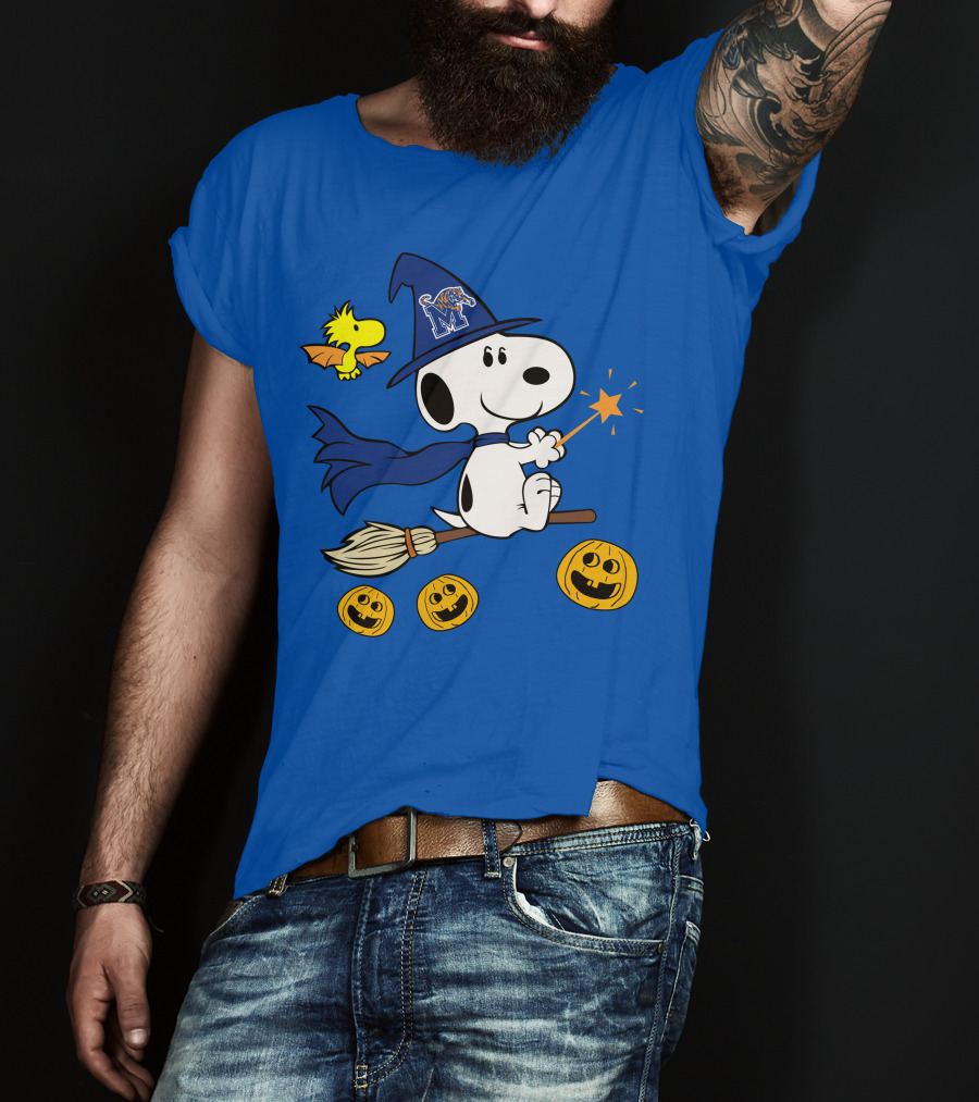 Snoopy And Woodstock Flying Witch With Memphis Tigers Hat And Happy Halloween Pumpkins T-Shirt
