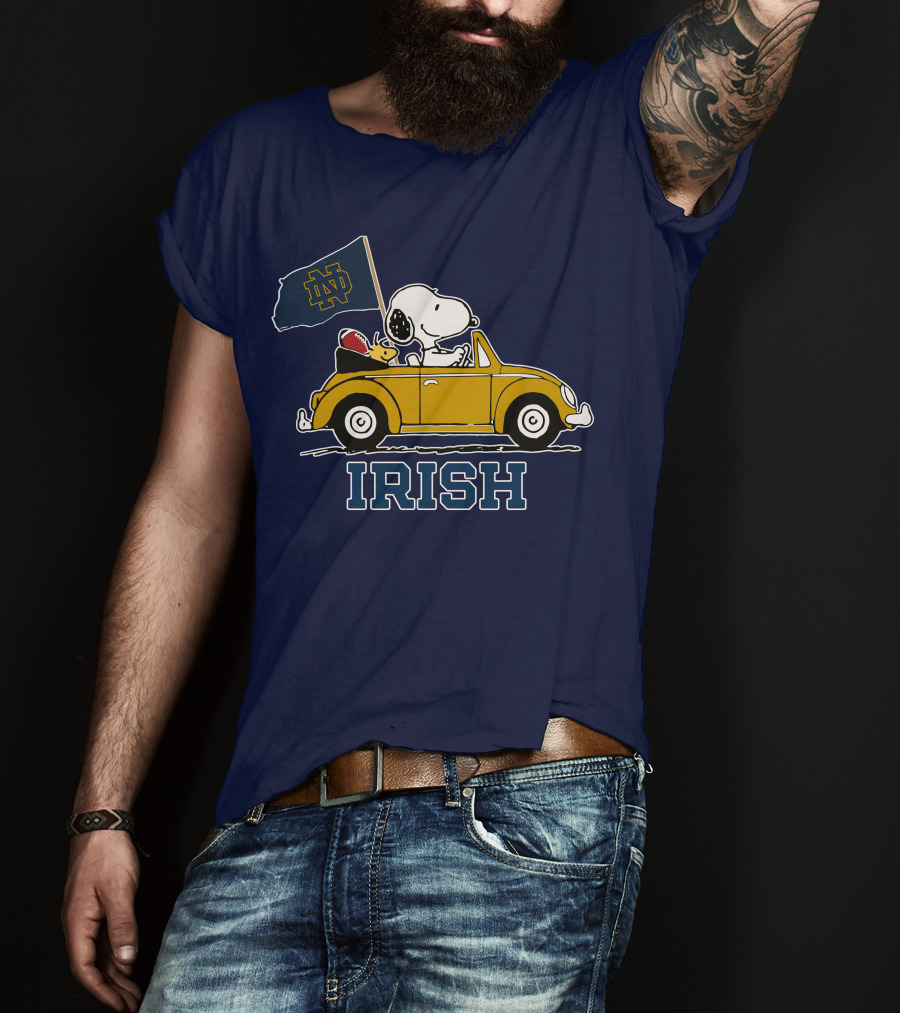 Notre Dame Fighting Irish Snoopy Driving Car With Flag T-Shirt