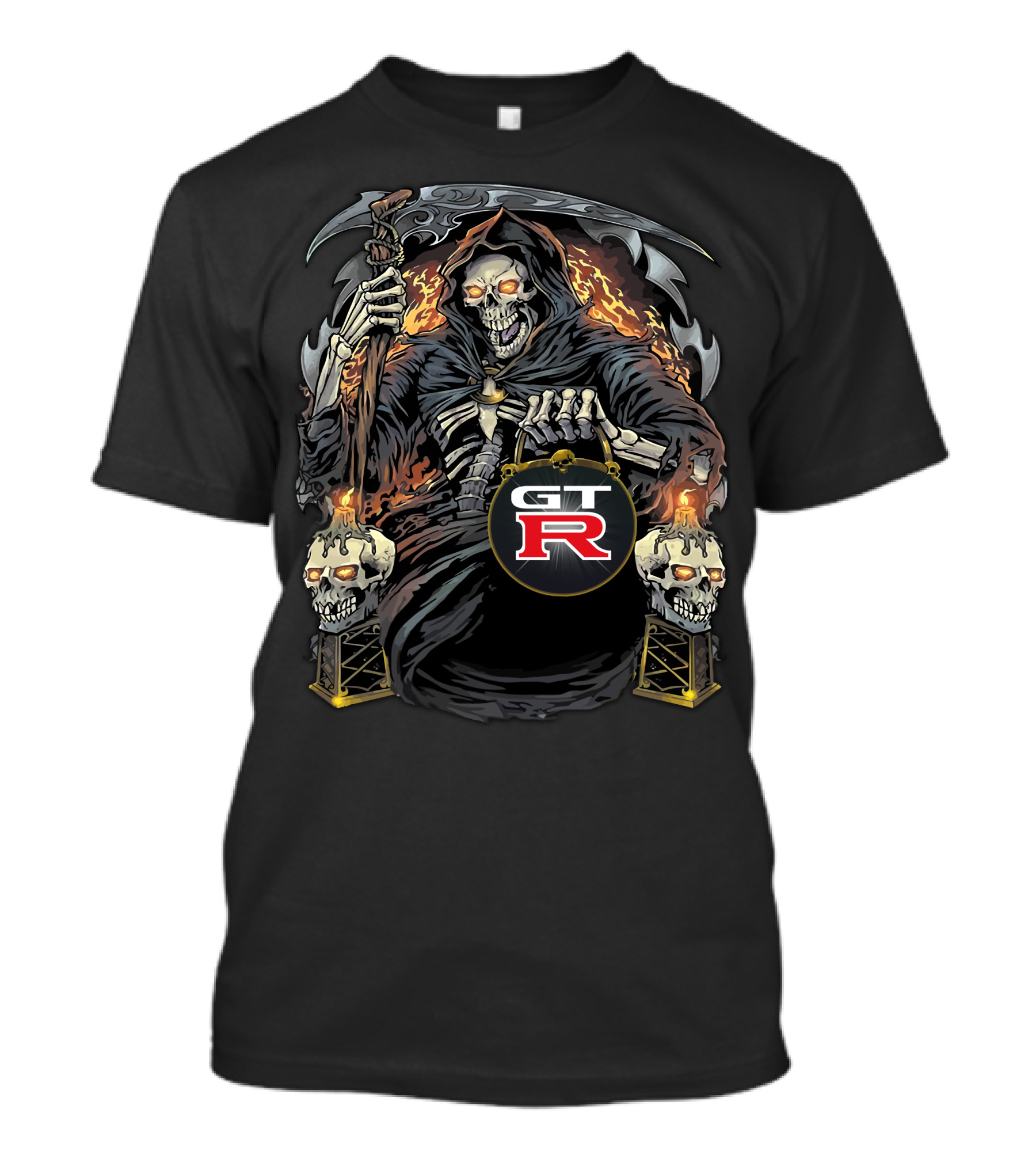 Nissan GTR01 Skeleton With Scythe And Flaming Skulls Retro T-Shirt