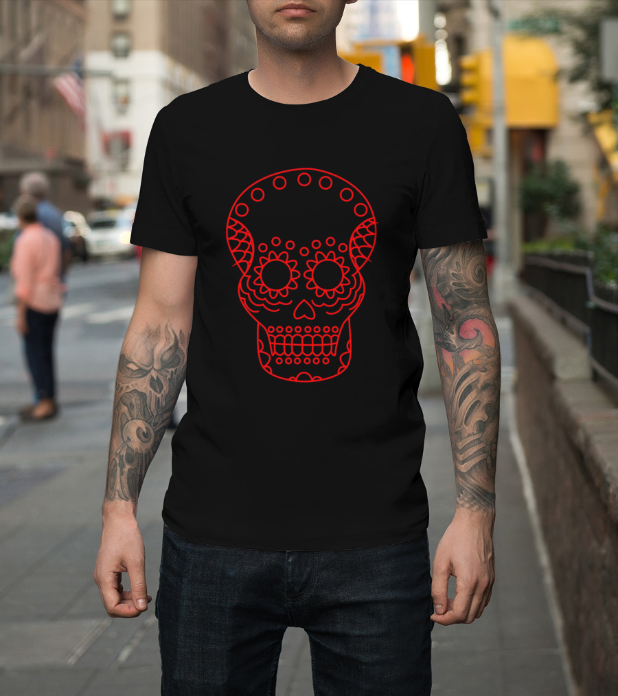Day Of The Dead Red Outline Calavera Sugar Skull T-Shirt