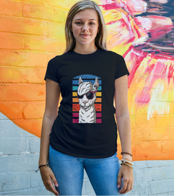Retro Colorful Hipster Llama Sunglasses Stripes T-Shirt