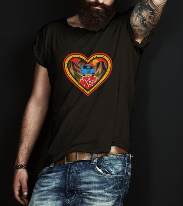 Heart-Shaped Vanlife With Mountains And Roses Tattoo T-Shirt