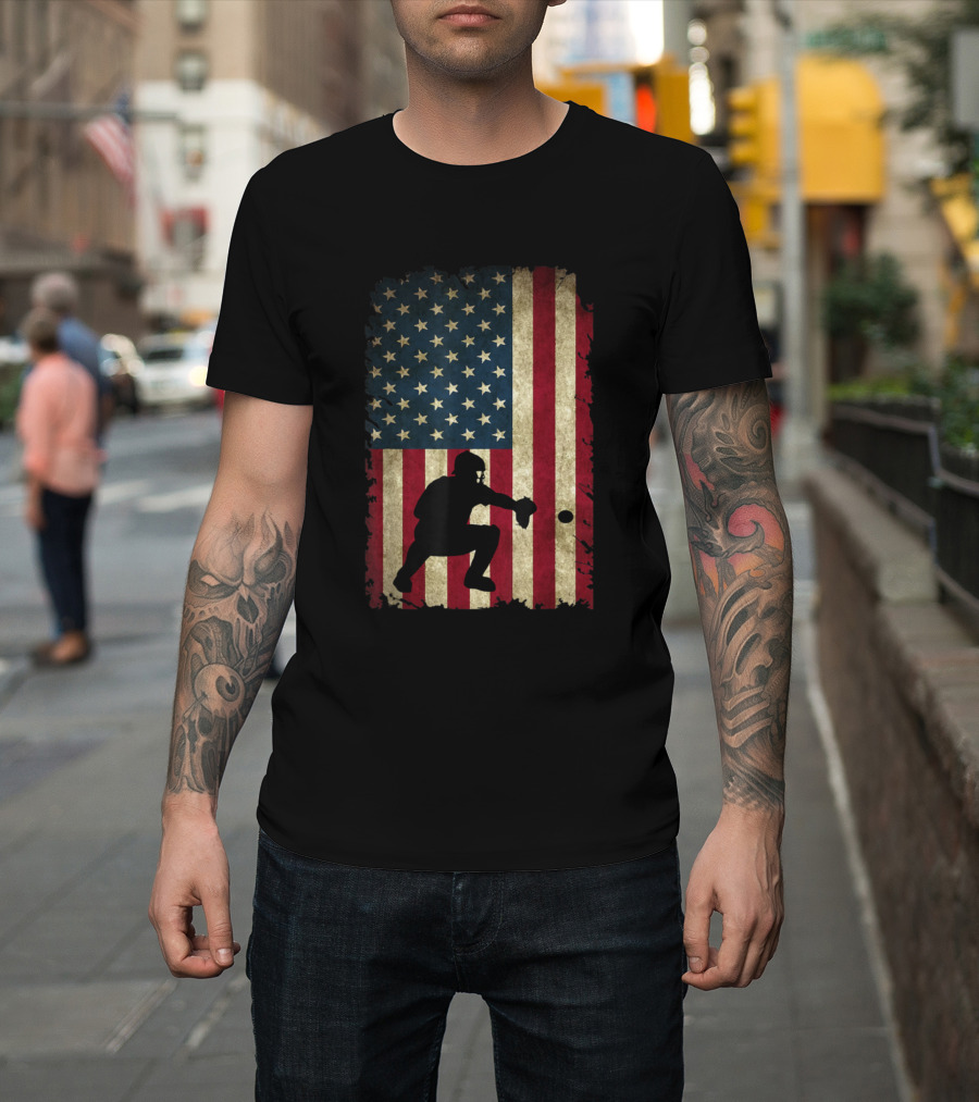 Baseball Catcher's Gear American Flag Sports T-Shirt