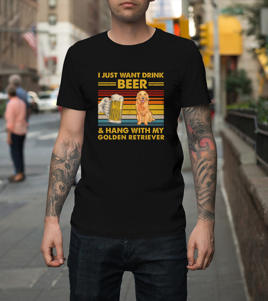 I Just Want Drink Beer and Hang with My Golden Retriever Beer Mug Retro Stripes T-Shirt