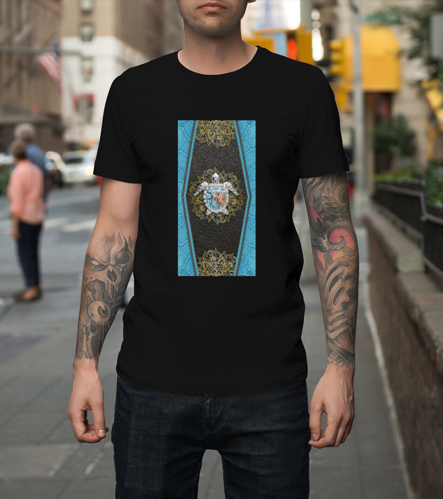 Turtle Sea Turtle Bling Ocean Boho Mandala Blue Leather Texture T-Shirt