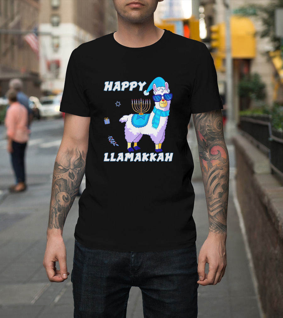 Happy Llamakkah Hanukkah Llama with Menorah and Gifts T-Shirt