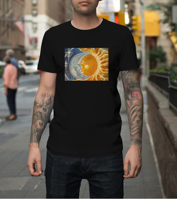 Shirt: Sun And Moon Celestial Embrace with Stars and Swirls T-Shirt Sun And Moon Celestial Embrace with Stars and Swirls T-Shirt
