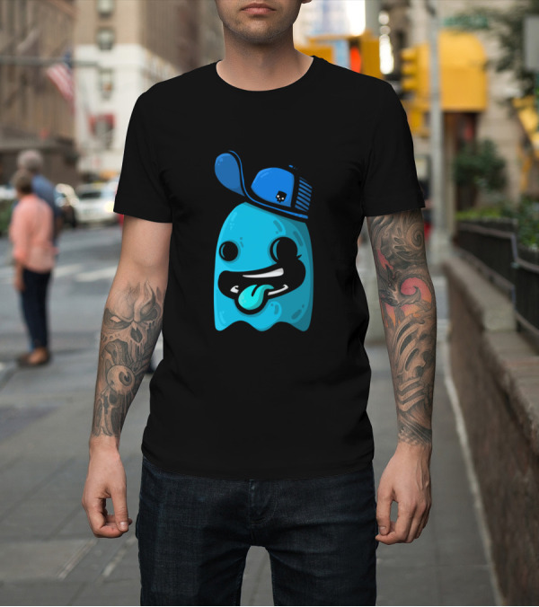 Shirt: Blue Ghost with Cap Playful Character Tongue Out T-Shirt Blue Ghost with Cap Playful Character Tongue Out T-Shirt