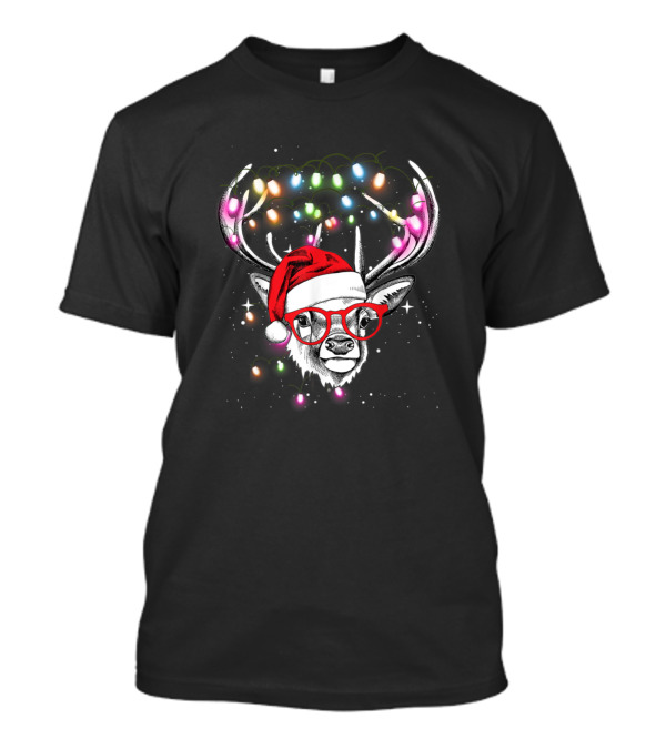 Deer With Santa Hat And Christmas Lights On Antlers T-Shirt