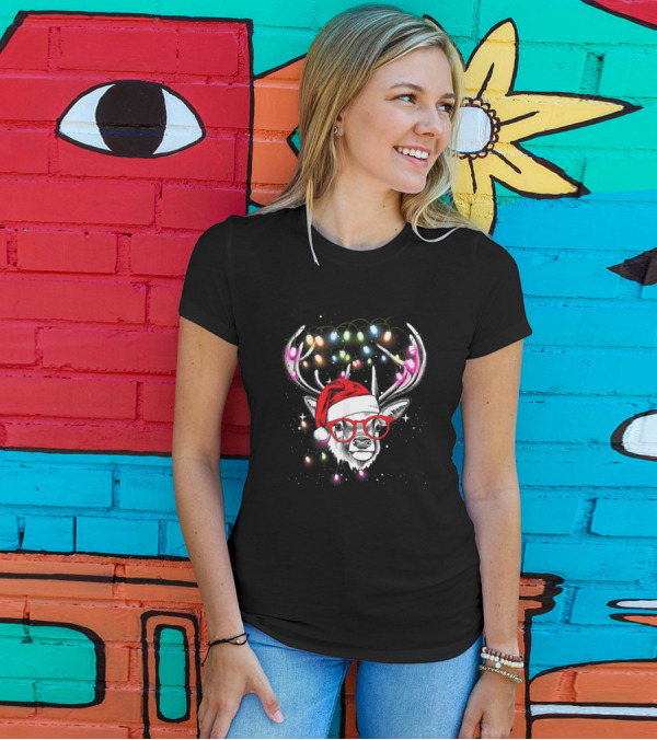 Deer With Santa Hat And Christmas Lights On Antlers T-Shirt
