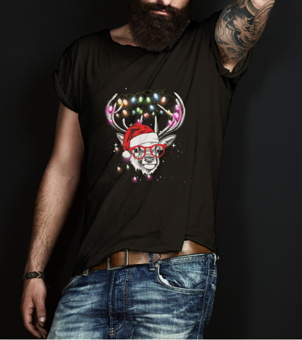 Deer With Santa Hat And Christmas Lights On Antlers T-Shirt