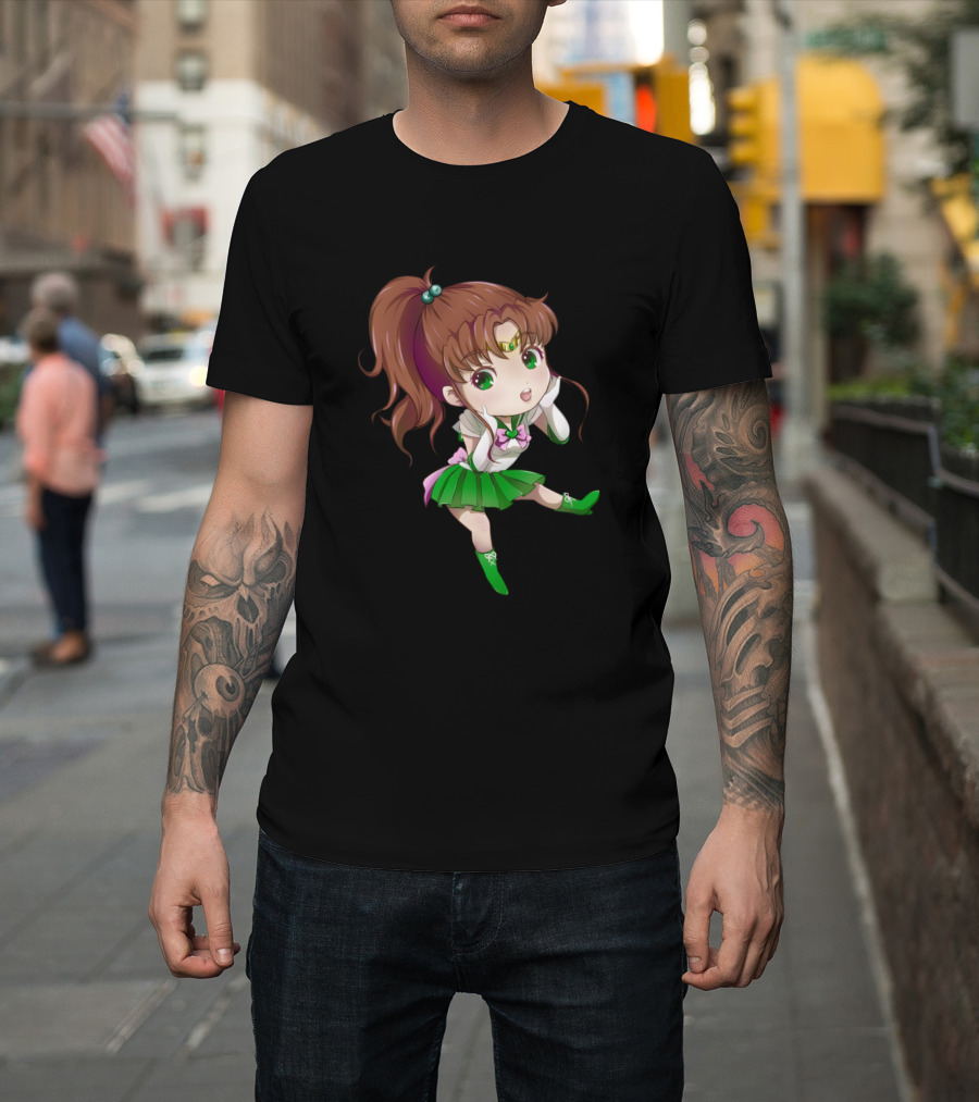 Chibi Sailor Jupiter Anime Character Green Outfit Brown Hair Cute T-Shirt