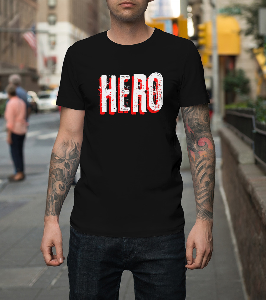 Hero Distressed Bold Typography Red White Black Contrast T-Shirt