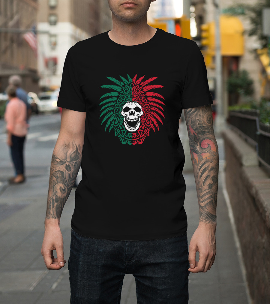Mexico Flag Colors Aztec Warrior Skull Mexico Roots T-Shirt
