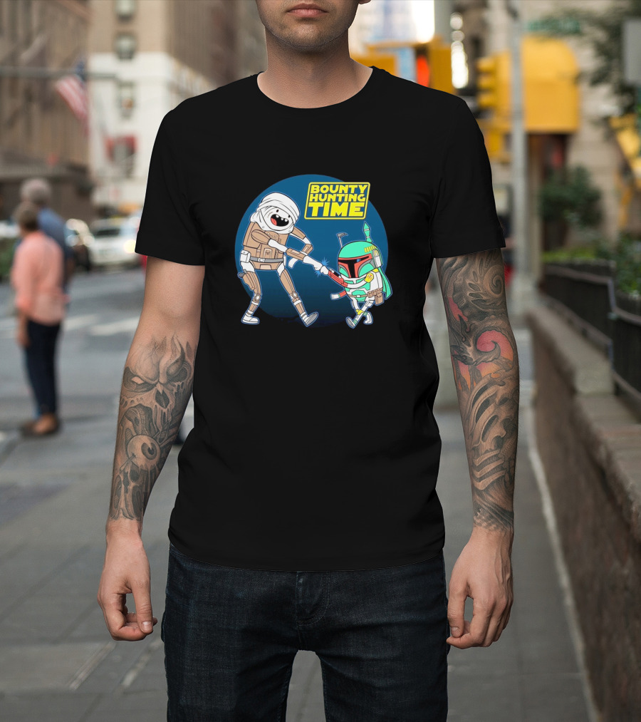 Bounty Hunting Time Adventure with Iconic Space Hunter and Fun Cartoon Style Characters T-Shirt