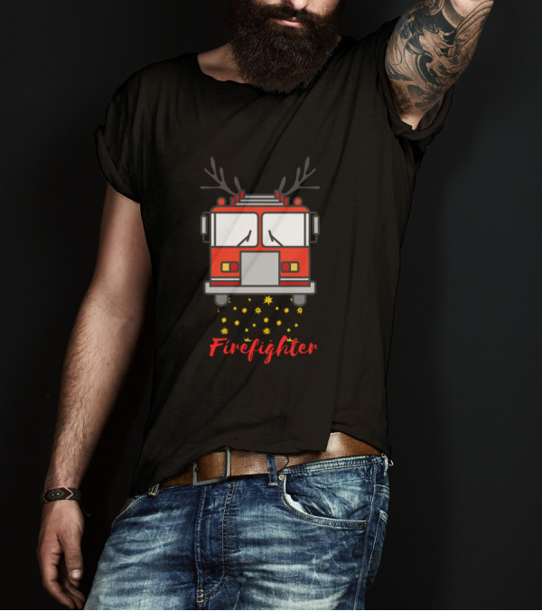 Reindeer Fire Truck Funny Merry Christmas Firefighter T-Shirt